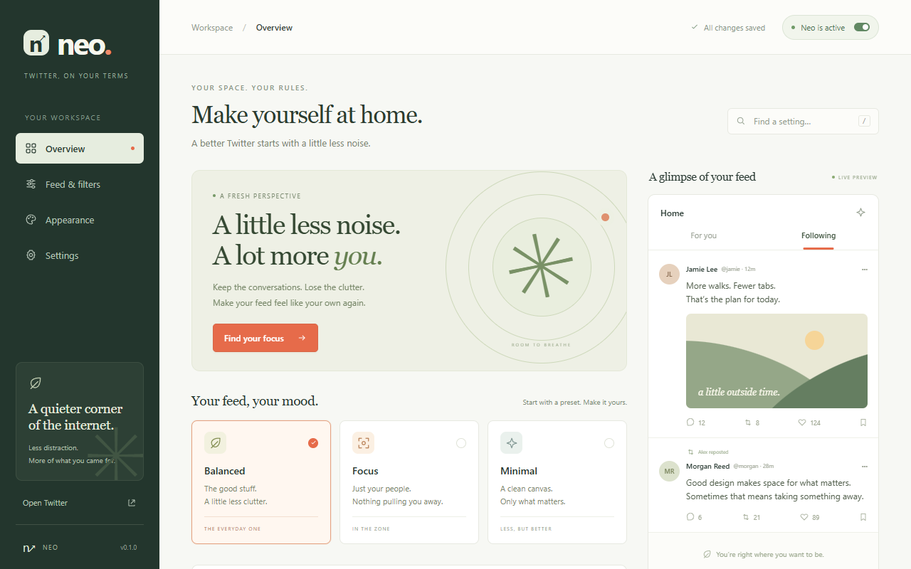 Neo’s ivory and green control panel showing three presets and an illustrative feed preview